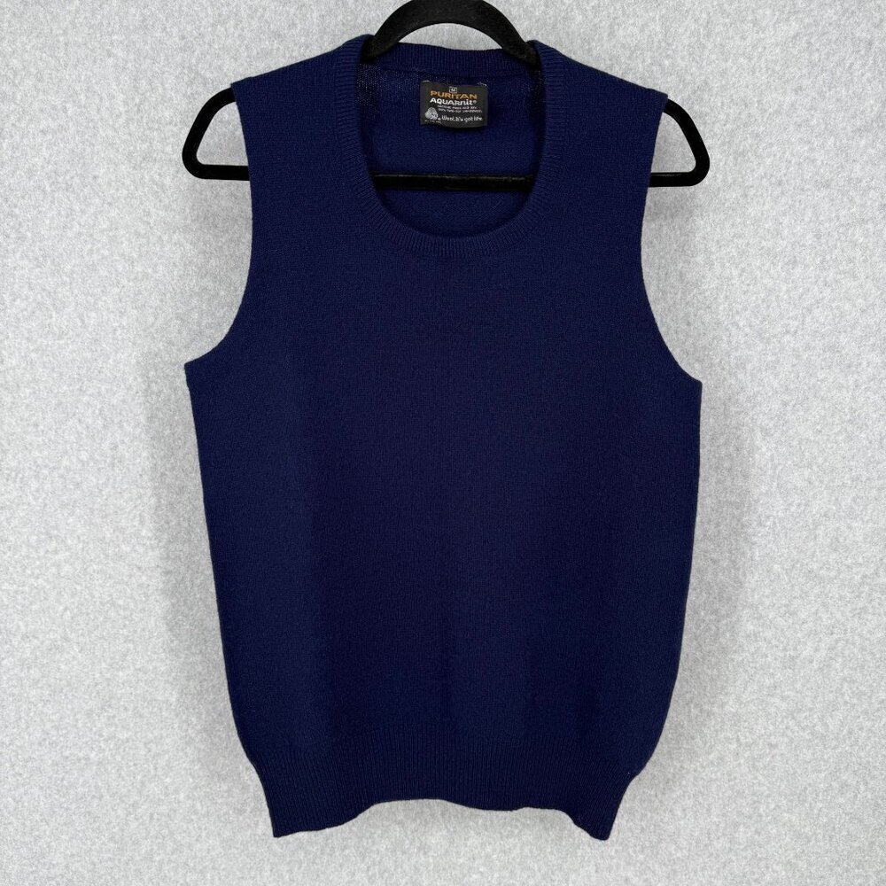 Puritan VTG Aquaknit Wool Knit Sweater Vest Size M Navy Blue Classic Prep EUC